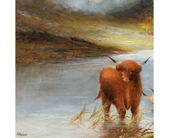 Frank Walters (British, fine XIX sec.) - Bestiame delle Highlands al lago. 