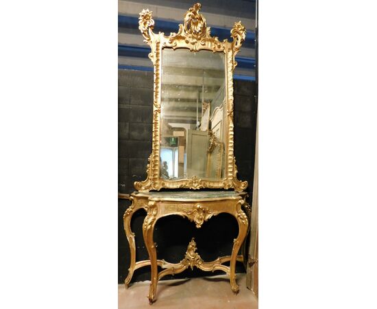 SPECC556 - Consolle con specchiera in legno intagliato e dorato, epoca '700, misure massime cm L 155 x H 315 x P 53