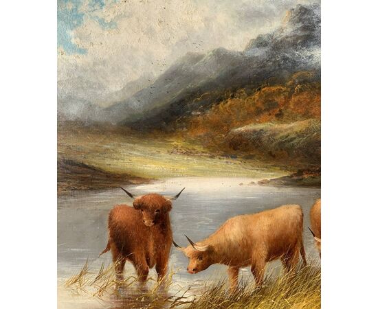 Frank Walters (British, fine XIX sec.) - Bestiame delle Highlands al lago. 