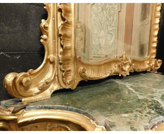 SPECC556 - Consolle con specchiera in legno intagliato e dorato, epoca '700, misure massime cm L 155 x H 315 x P 53