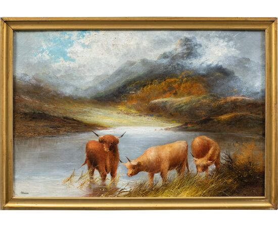 Frank Walters (British, fine XIX sec.) - Bestiame delle Highlands al lago. 