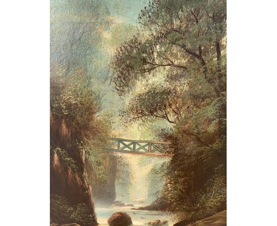 S.W. Clifford (British, fine XIX sec.) - Paesaggio boschivo con cascata. 