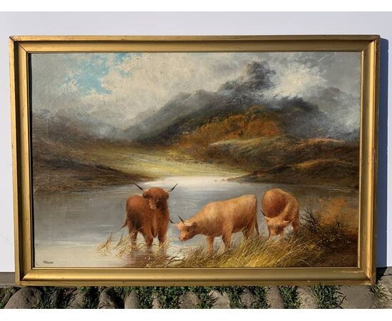 Frank Walters (British, fine XIX sec.) - Bestiame delle Highlands al lago. 