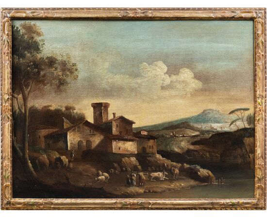 Francesco Tironi (Venezia 1745 - Venezia 1797) - Paesaggio veneto con pastori e armenti.