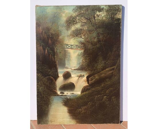 S.W. Clifford (British, fine XIX sec.) - Paesaggio boschivo con cascata. 