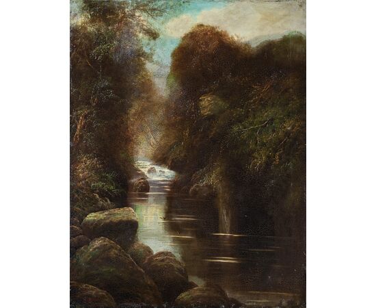 W. Miller (British, fine XIX sec.) - Paesaggio boschivo con ruscello.