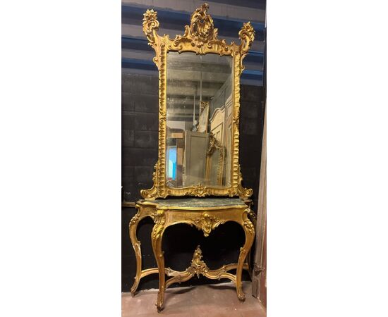 SPECC556 - Consolle con specchiera in legno intagliato e dorato, epoca '700, misure massime cm L 155 x H 315 x P 53