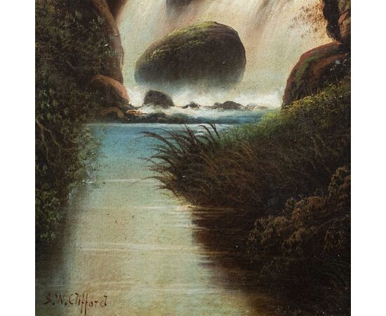 S.W. Clifford (British, fine XIX sec.) - Paesaggio boschivo con cascata. 