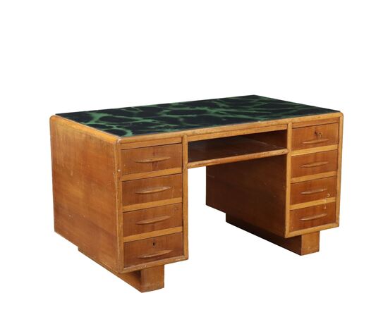 Scrivania con Piano in Vetro Verde e Nero Anni 40-50