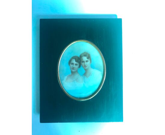 Miniature on ivory with two female subjects. Ebonized wood frame.     