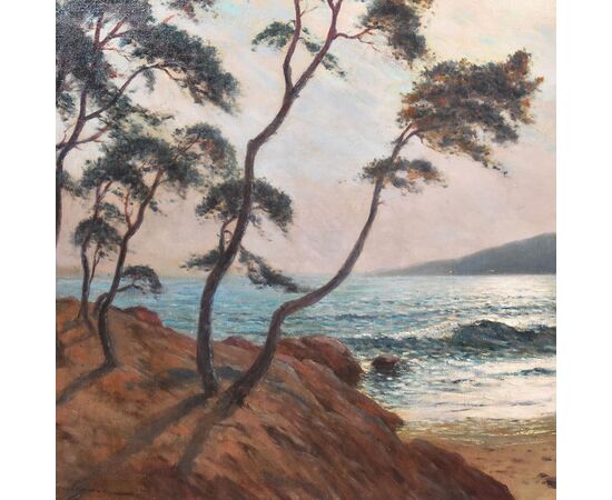 DIPINTI ANTICHI, ART DECO, QUADRI MARE, MARINA AL TRAMONTO, OLIO SU TELA, PITTORI DEL 900. (QM650)