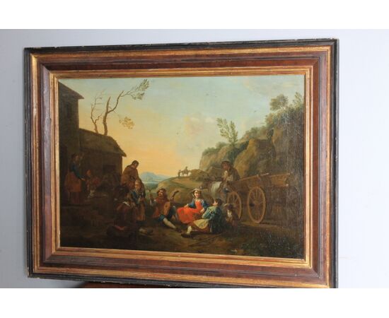 Antico dipinto olio su tela fiammingo epoca XIX sec . Grande qualità scena rurale campestre. Mis 96 x 64 