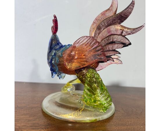 Gallo scultura di Vetro Murano Barovier e Toso anni 50 meravigliosa dai colori cangianti . Mis h 17 L18
