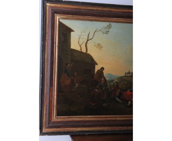 Antico dipinto olio su tela fiammingo epoca XIX sec . Grande qualità scena rurale campestre. Mis 96 x 64 