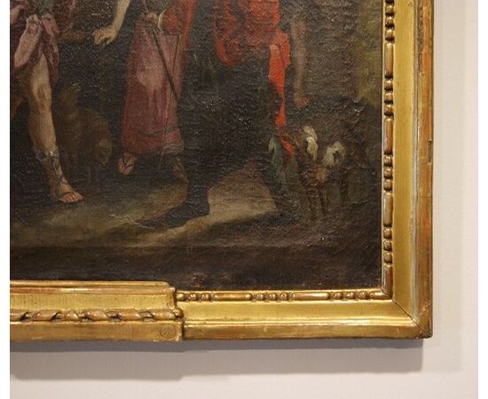 Olio su tela italiano del 1700 raffigurante personaggi all'aperto