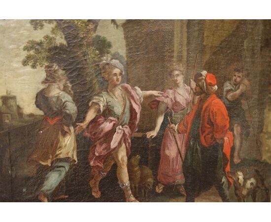 Olio su tela italiano del 1700 raffigurante personaggi all'aperto