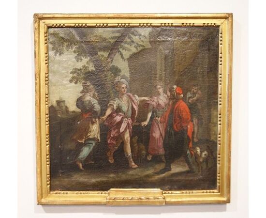 Olio su tela italiano del 1700 raffigurante personaggi all'aperto
