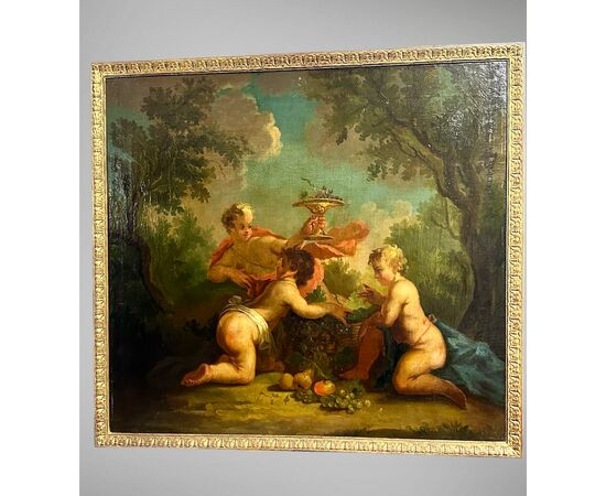 Dipinto, olio su tela "Festa di cherubini in un paesaggio" - XVIII sec. 