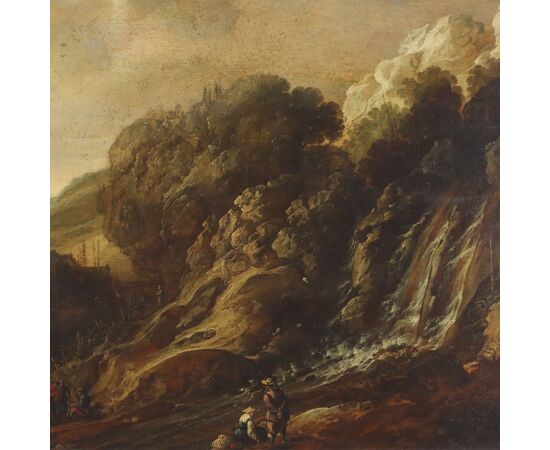 Dipinto Paesaggio con Cascata e Figure