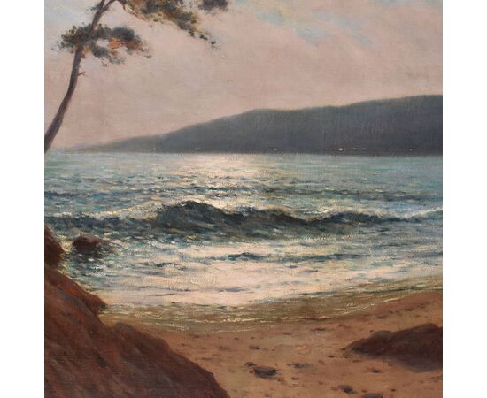 DIPINTI ANTICHI, ART DECO, QUADRI MARE, MARINA AL TRAMONTO, OLIO SU TELA, PITTORI DEL 900. (QM650)
