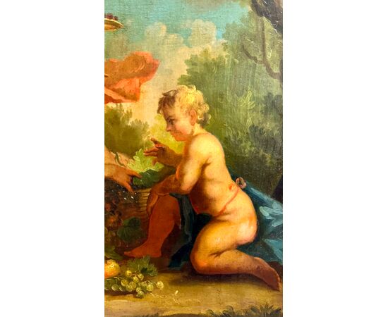 Dipinto, olio su tela "Festa di cherubini in un paesaggio" - XVIII sec. 
