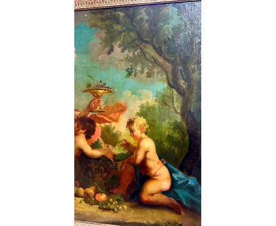 Dipinto, olio su tela "Festa di cherubini in un paesaggio" - XVIII sec. 