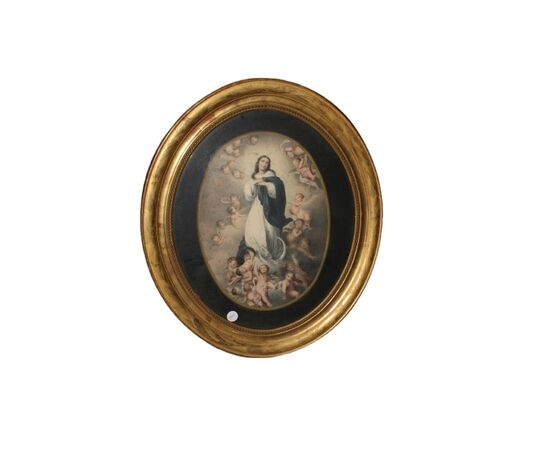 Cornice Ovale Francese del 1800 Con Stampa Raffigurante Madonna