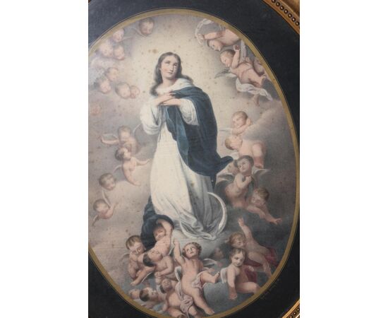 Cornice Ovale Francese del 1800 Con Stampa Raffigurante Madonna
