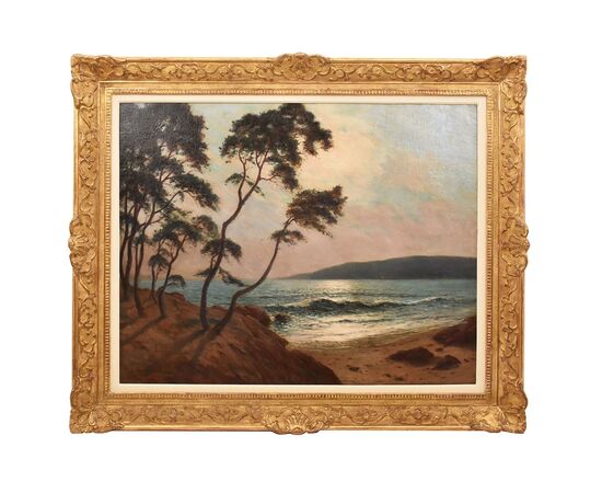 DIPINTI ANTICHI, ART DECO, QUADRI MARE, MARINA AL TRAMONTO, OLIO SU TELA, PITTORI DEL 900. (QM650)
