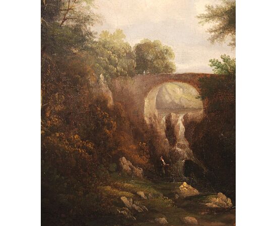 Paesaggio romantico con ponte e cascata | Olio su tela, XIX secolo, anonimo pittore italiano.