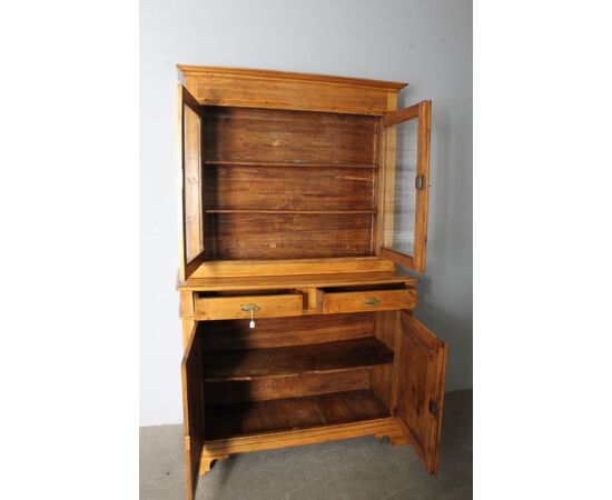 Antica credenza doppio corpo toscana pioppo massello XIX sec . restaurata naturale .Dispensa mis 125 x 50 . h 203