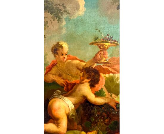 Dipinto, olio su tela "Festa di cherubini in un paesaggio" - XVIII sec. 