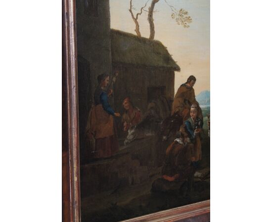 Antico dipinto olio su tela fiammingo epoca XIX sec . Grande qualità scena rurale campestre. Mis 96 x 64 