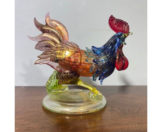 Gallo scultura di Vetro Murano Barovier e Toso anni 50 meravigliosa dai colori cangianti . Mis h 17 L18