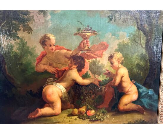 Dipinto, olio su tela "Festa di cherubini in un paesaggio" - XVIII sec. 