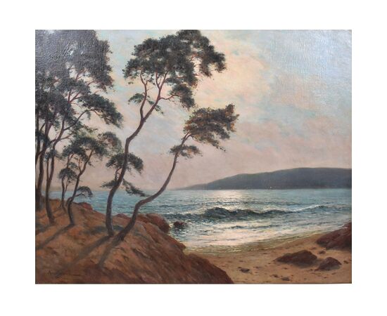DIPINTI ANTICHI, ART DECO, QUADRI MARE, MARINA AL TRAMONTO, OLIO SU TELA, PITTORI DEL 900. (QM650)