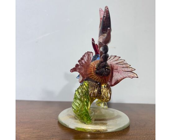 Gallo scultura di Vetro Murano Barovier e Toso anni 50 meravigliosa dai colori cangianti . Mis h 17 L18