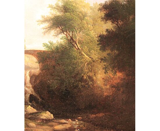 Paesaggio romantico con ponte e cascata | Olio su tela, XIX secolo, anonimo pittore italiano.