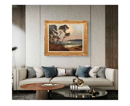 DIPINTI ANTICHI, ART DECO, QUADRI MARE, MARINA AL TRAMONTO, OLIO SU TELA, PITTORI DEL 900. (QM650)