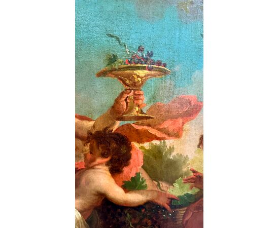 Dipinto, olio su tela "Festa di cherubini in un paesaggio" - XVIII sec. 