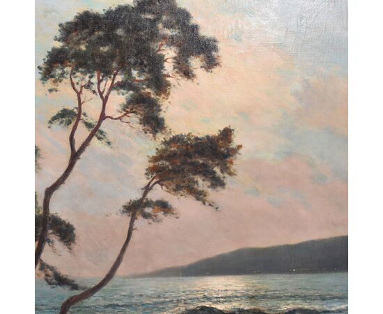 DIPINTI ANTICHI, ART DECO, QUADRI MARE, MARINA AL TRAMONTO, OLIO SU TELA, PITTORI DEL 900. (QM650)