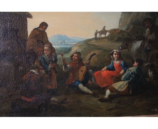 Antico dipinto olio su tela fiammingo epoca XIX sec . Grande qualità scena rurale campestre. Mis 96 x 64 