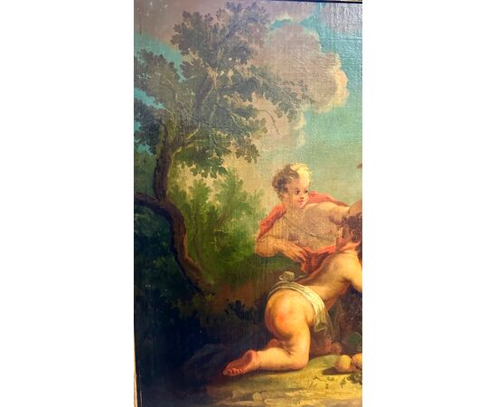 Dipinto, olio su tela "Festa di cherubini in un paesaggio" - XVIII sec. 
