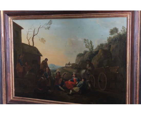 Antico dipinto olio su tela fiammingo epoca XIX sec . Grande qualità scena rurale campestre. Mis 96 x 64 