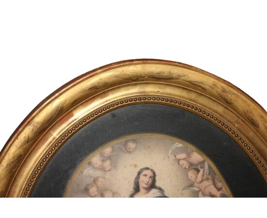 Cornice Ovale Francese del 1800 Con Stampa Raffigurante Madonna