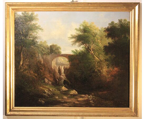 Paesaggio romantico con ponte e cascata | Olio su tela, XIX secolo, anonimo pittore italiano.