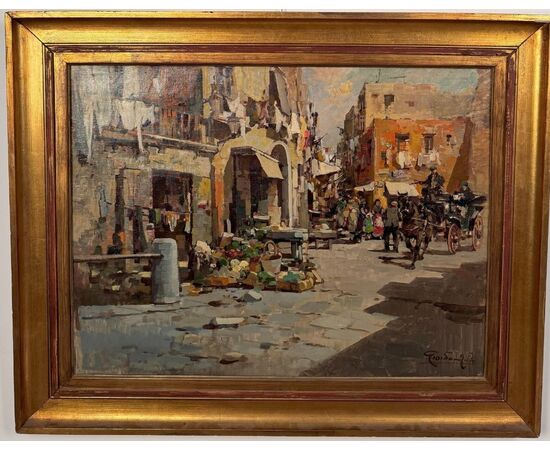 Giordano Felice (1880-1964)  "Vicolo di paese con mercato"