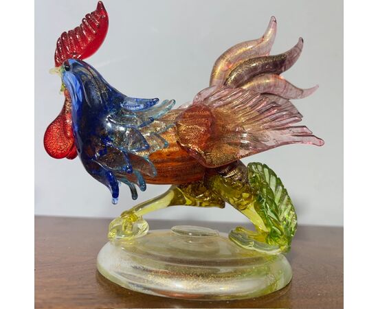 Gallo scultura di Vetro Murano Barovier e Toso anni 50 meravigliosa dai colori cangianti . Mis h 17 L18