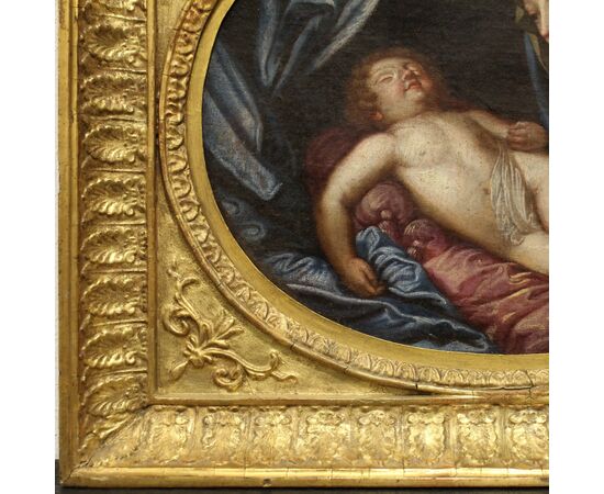 Antico dipinto ad olio su tela con cornice dorata - Madonnna in adorazione del Bambino dormiente - Italia epoca '700 