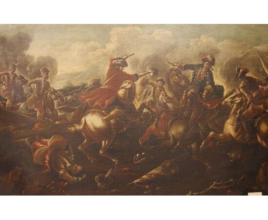 Coppia di oli su tela italiani del 1600 raffiguranti Battaglia